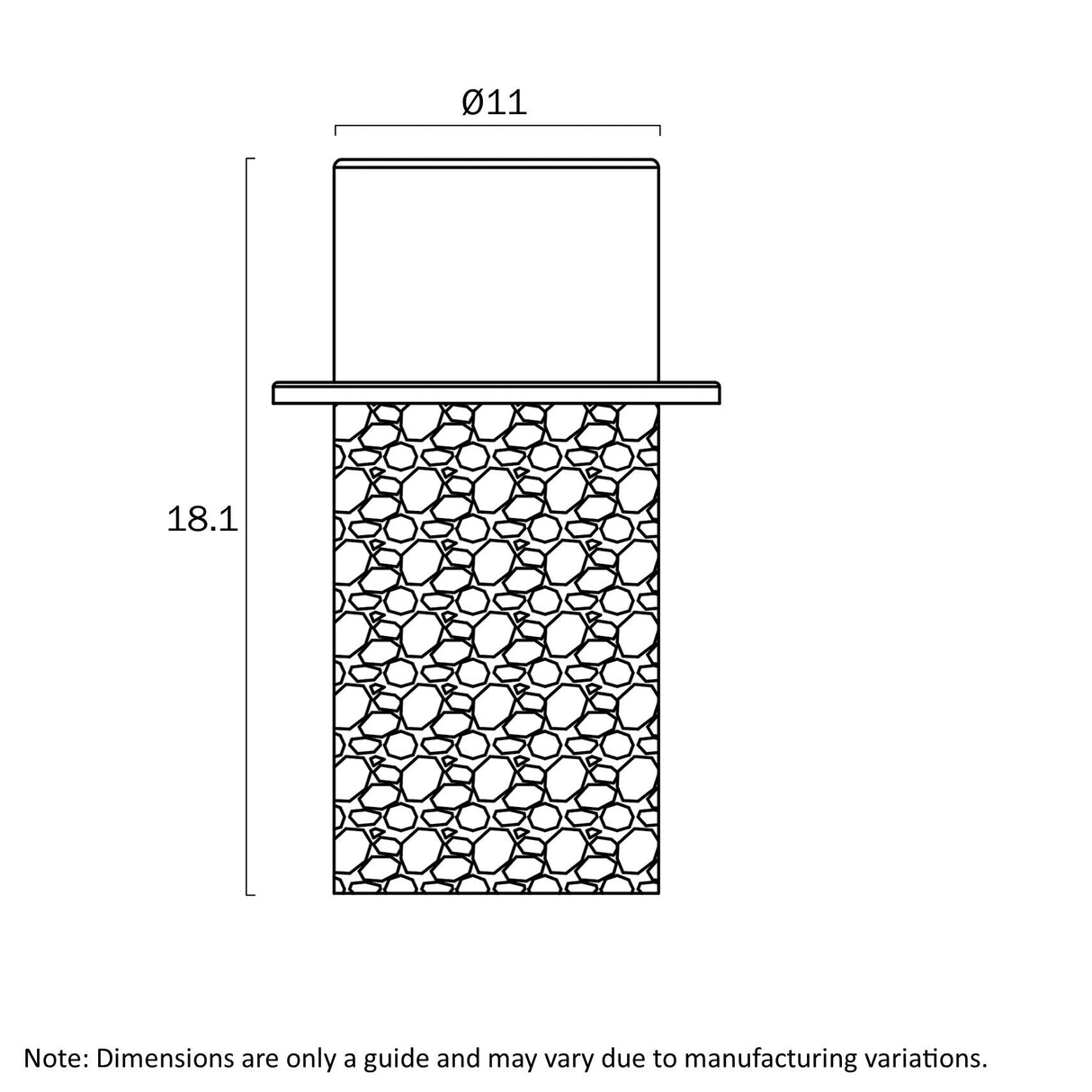 Technical drawing of a cylindrical object with dimensions labeled