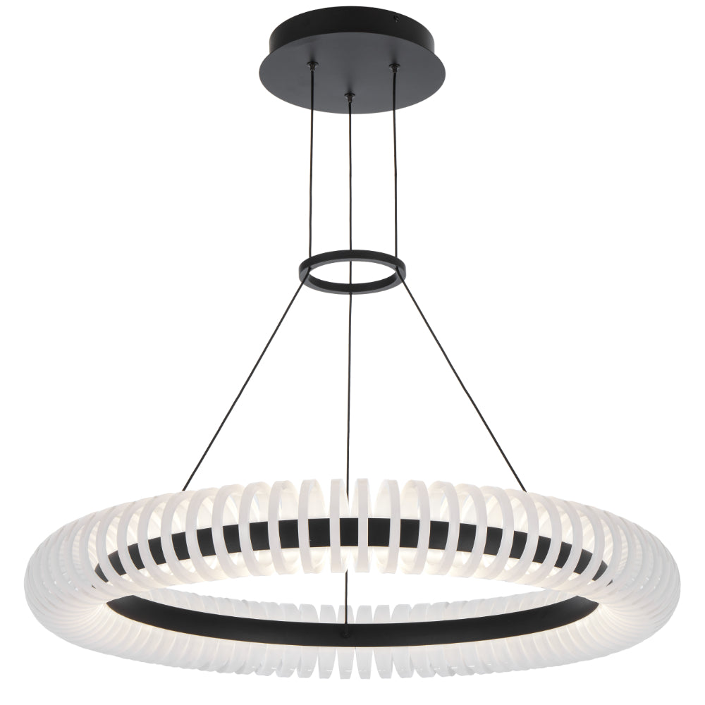 Modern pendant light with white circular shade and black frame on a white background