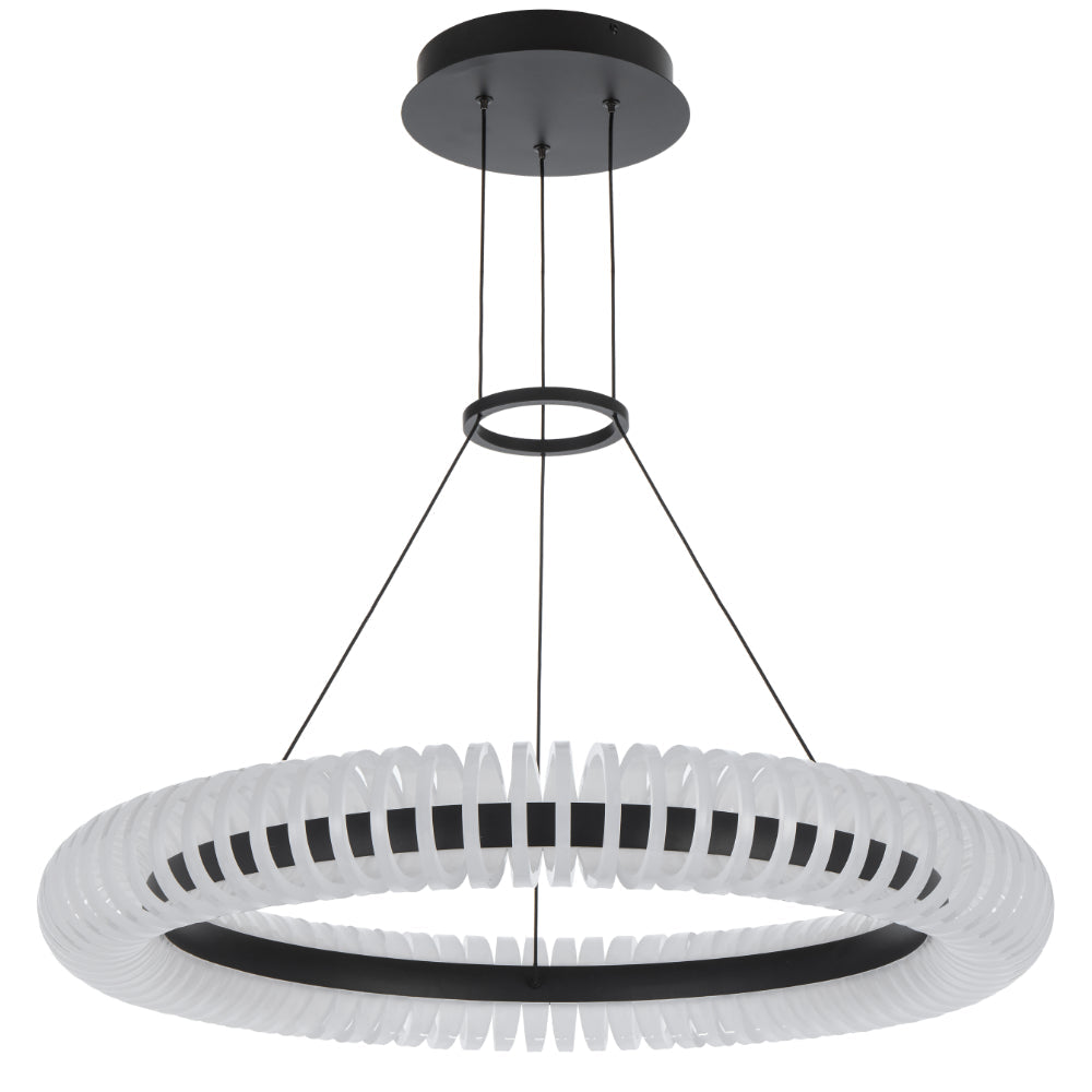 Modern pendant light with a black and white design on a white background