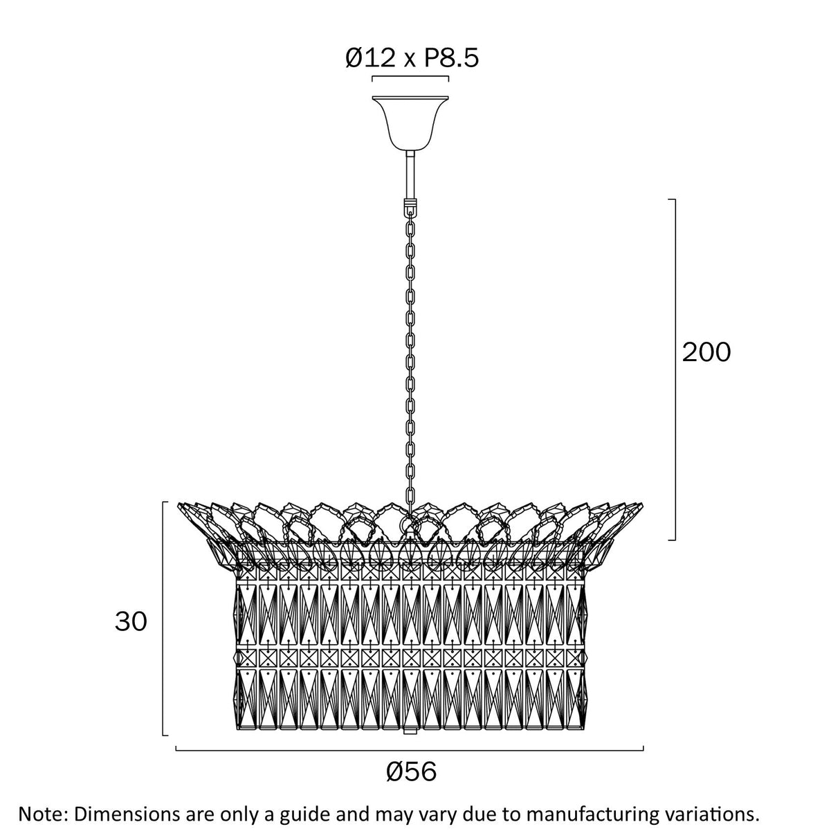 Technical drawing of a hanging light fixture with dimensions