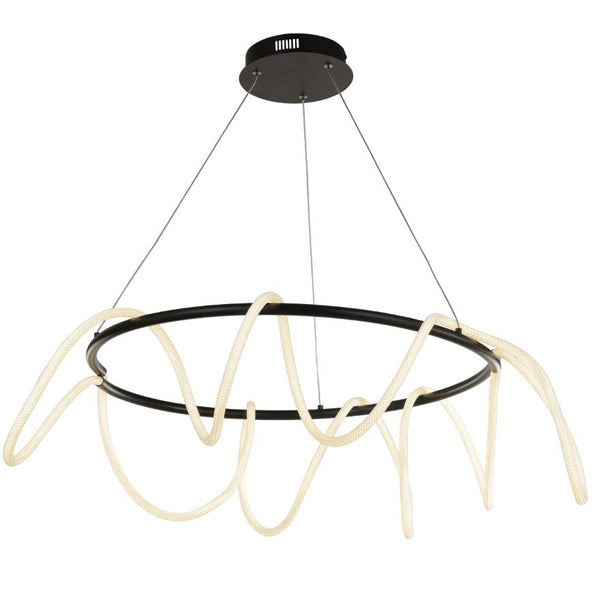 Modern chandelier with black and white design on a white background