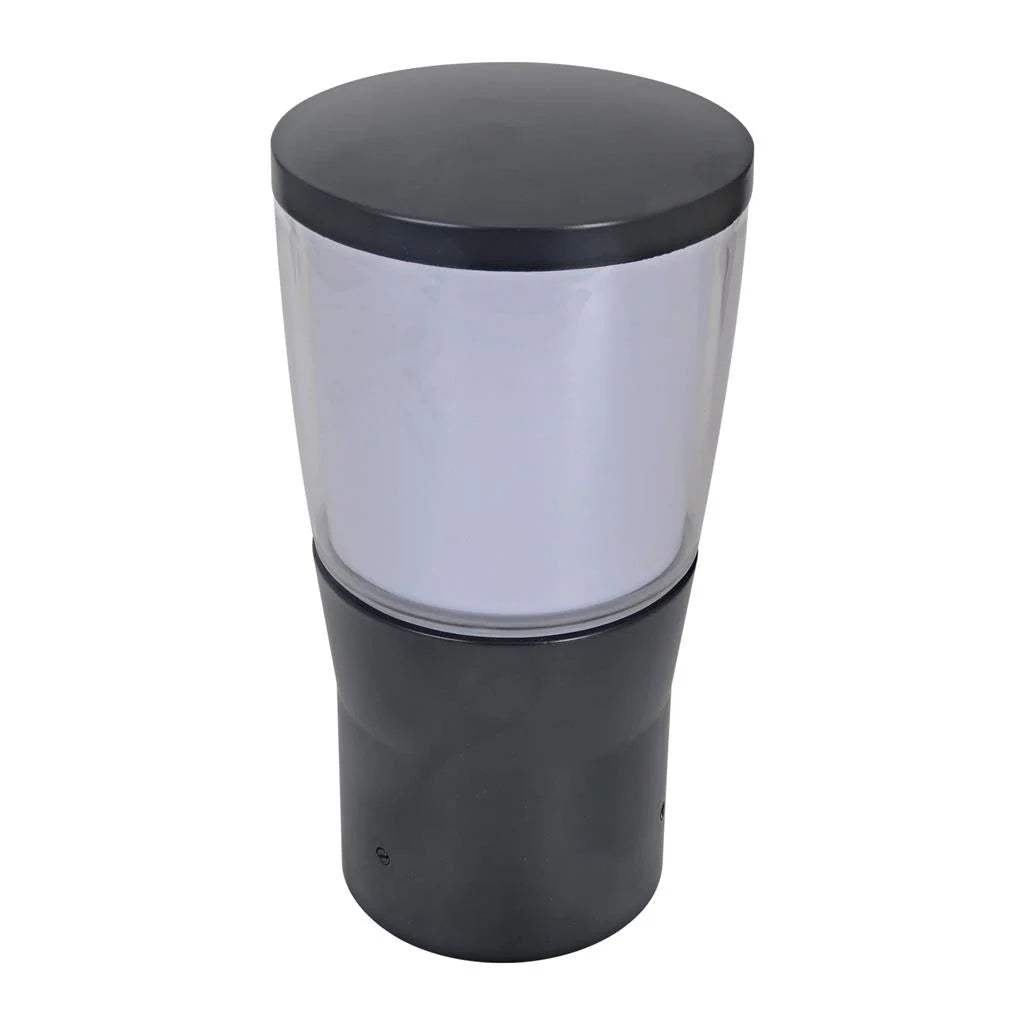 Domus BL 200 bollard light head for outdoor lighting with black top and base on a white background
