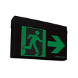 Emergency exit sign with green arrow and silhouette on black background