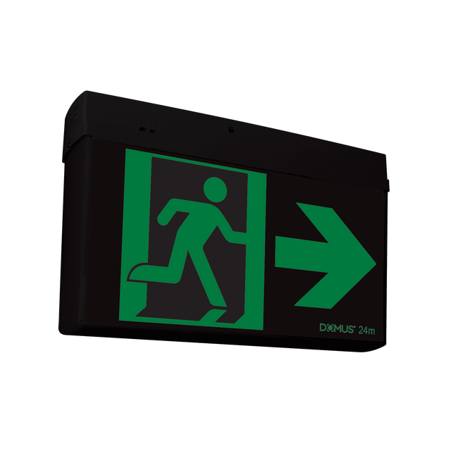 Emergency exit sign with green arrow and silhouette on black background