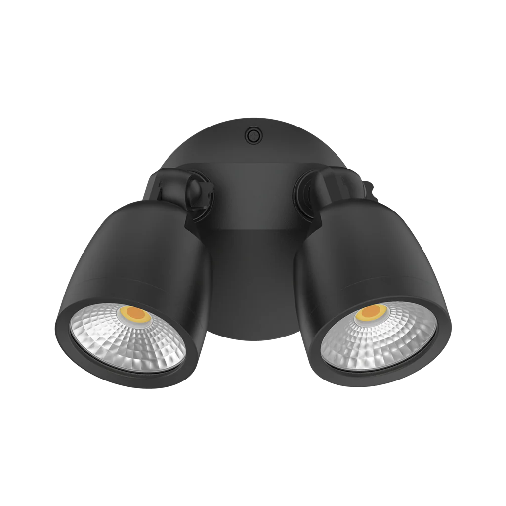 Black Domus Muro Eco 20 20W LED No-SR Trio wall light with two floodlights on a white background