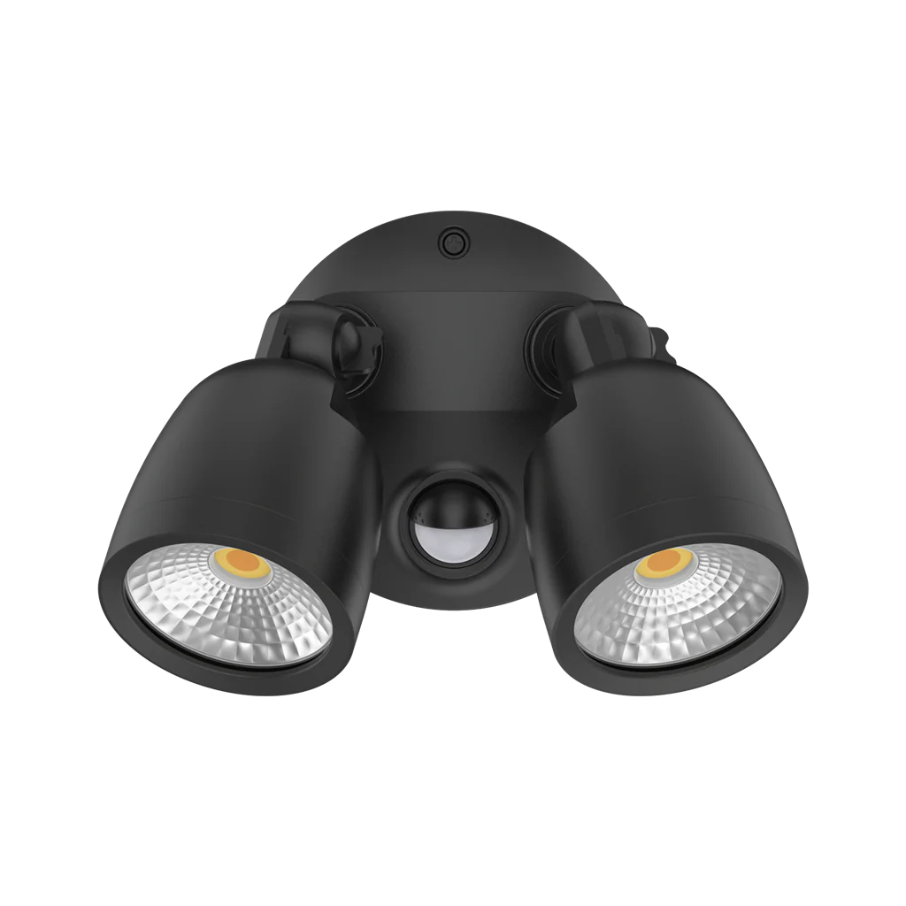 Black Domus MURO ECO 20S 20W LED sensor trio wall light light with two LED lights on a white background