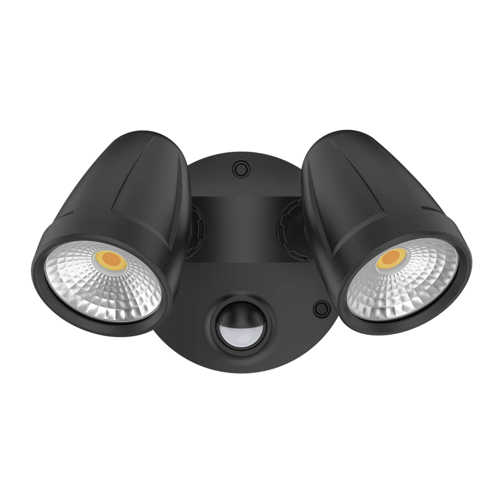 Black Domus MURO-MAX 32S 32W LED sensor trio outdoor spotlight with two LED lights on a white background