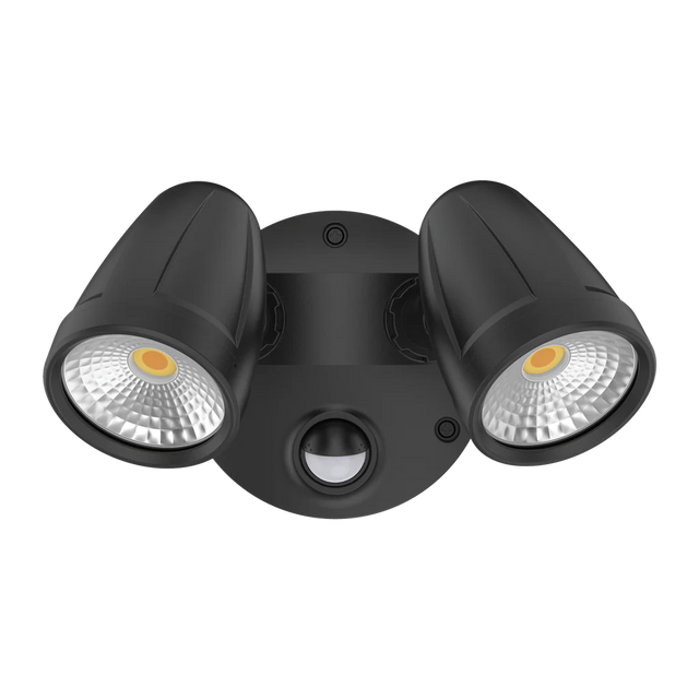 Black Domus MURO-MAX 32S 32W LED sensor trio outdoor spotlight with two LED lights on a white background