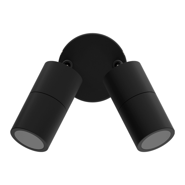 Black Domus Shadow 2 light adjustable GU10 spotlight 240V on a white background