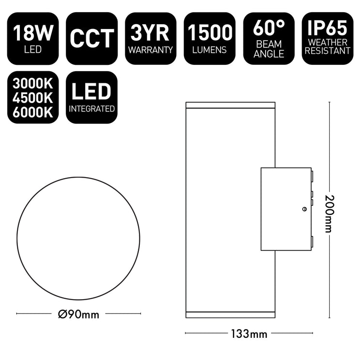 Technical specifications and dimensions of a LED light fixture on a white background