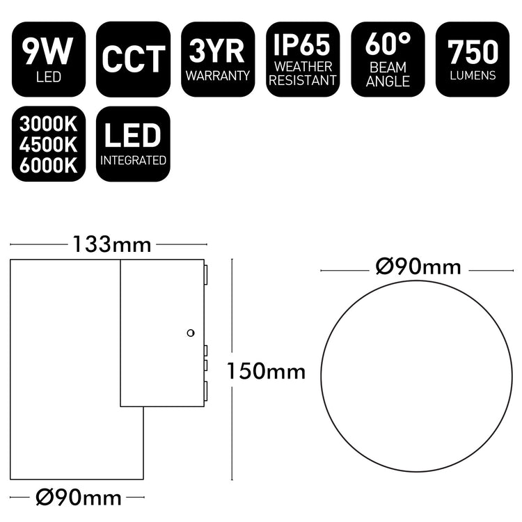 Technical specifications and dimensions of a LED light fixture on a white background