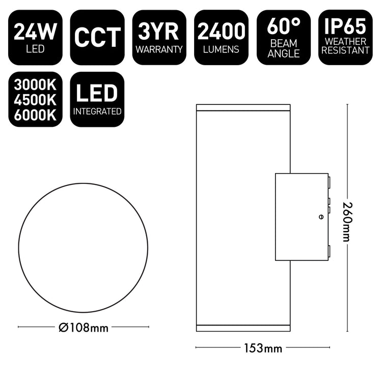 Technical specifications and dimensions of a LED light fixture on a white background