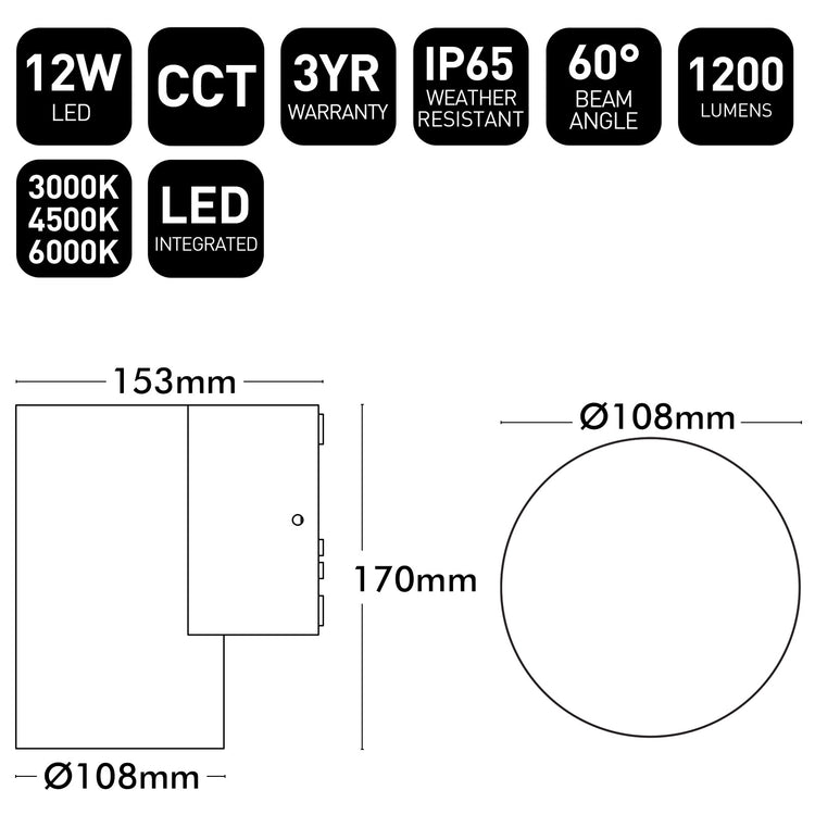 Technical specifications and dimensions of an LED light fixture on a white background