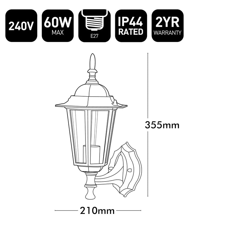 Outdoor wall light fixture with specifications on a white background