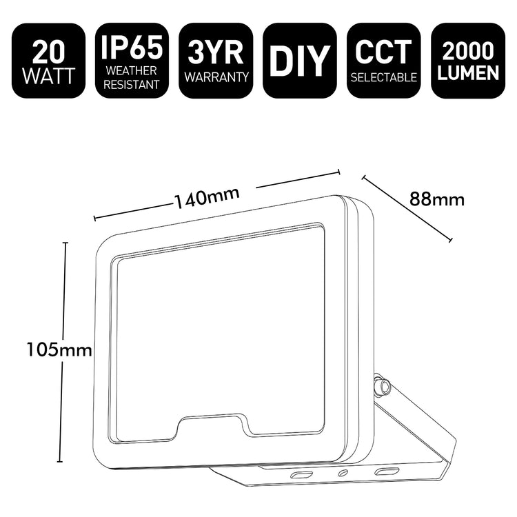 LED flood light with specifications and dimensions on a white background