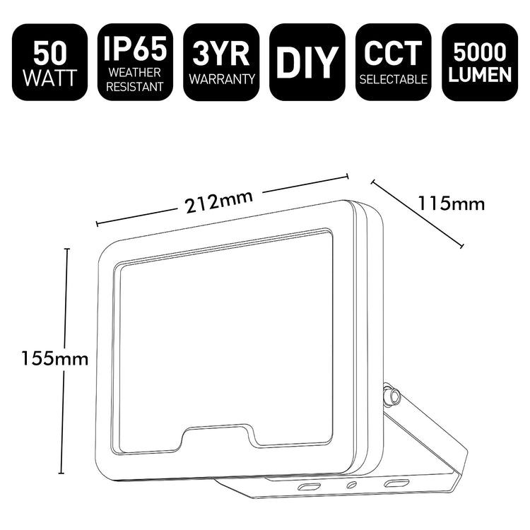 LED flood light with specifications and dimensions on a white background