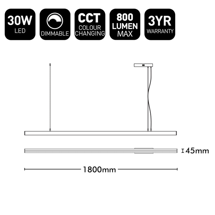 LED light fixture with specifications on a white background