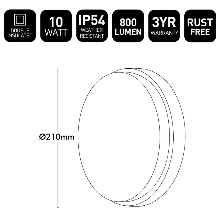 Technical diagram of a circular light fixture with specifications on a white background