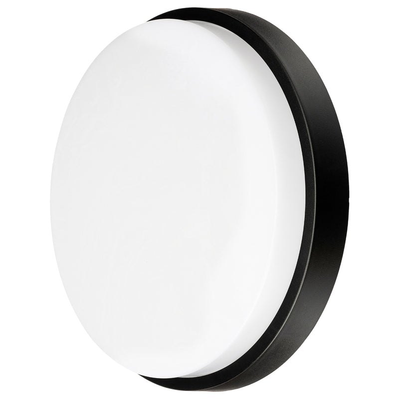 Round light fixture with black frame on a white background