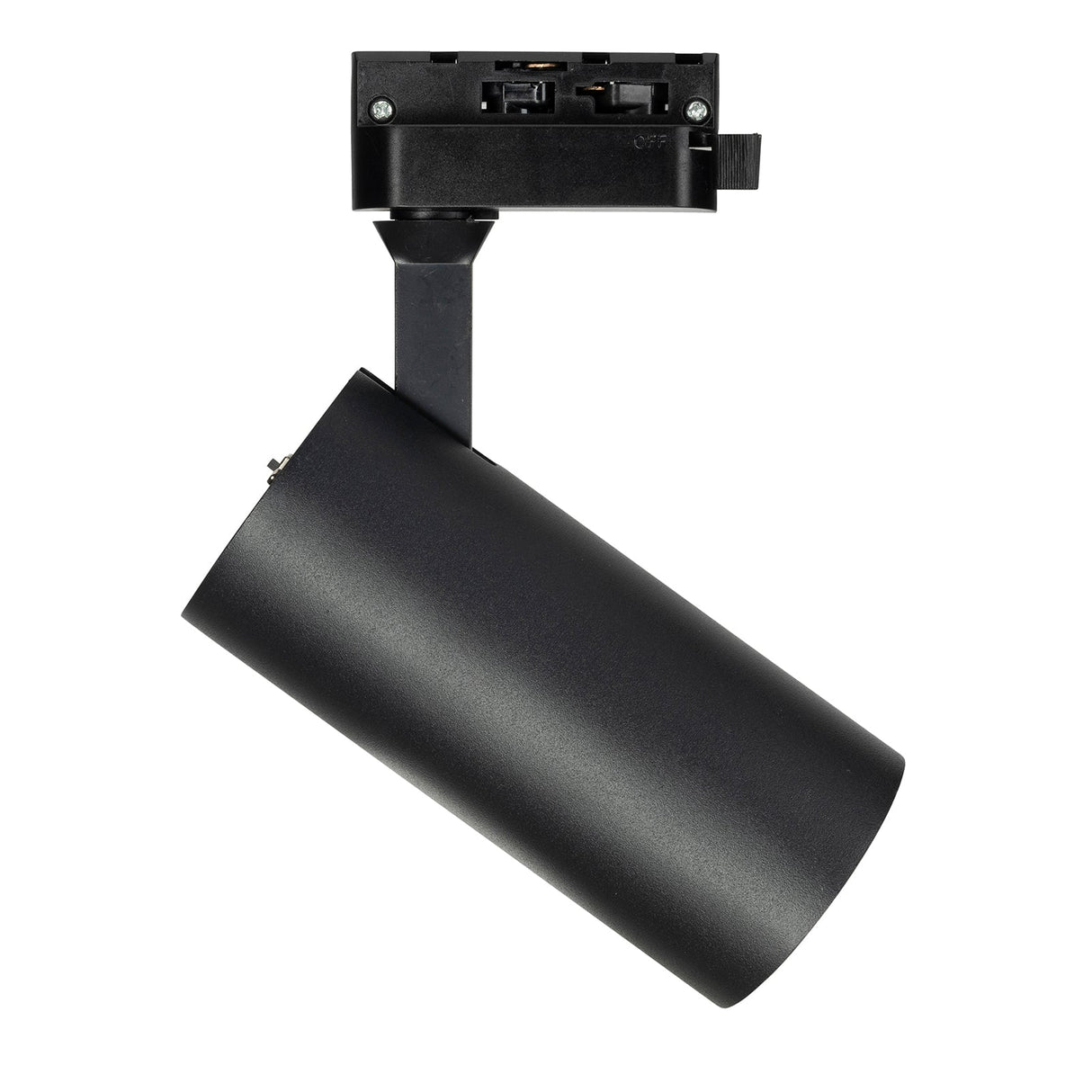 Black track light fixture on a white background