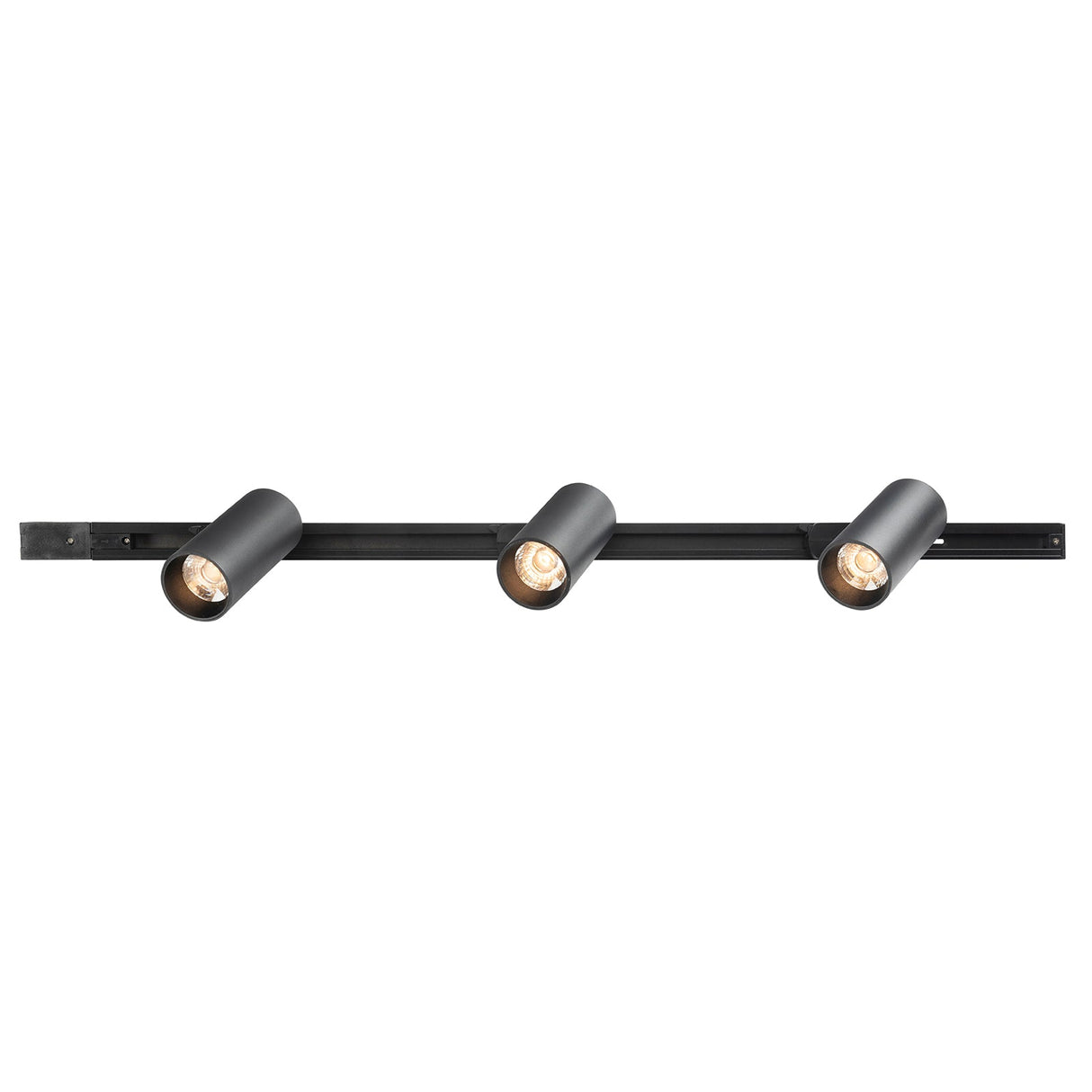 Black track light fixture with three cylindrical lights on a white background