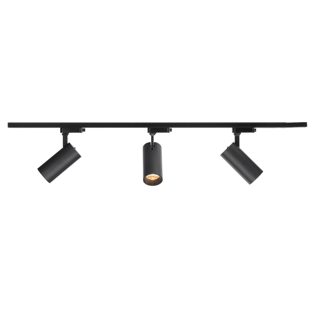 Black track light fixture on a white background