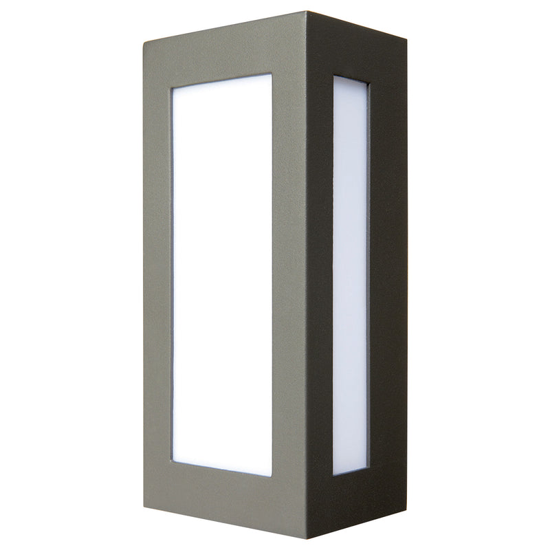 Rectangular outdoor wall light with a metallic frame on a white background
