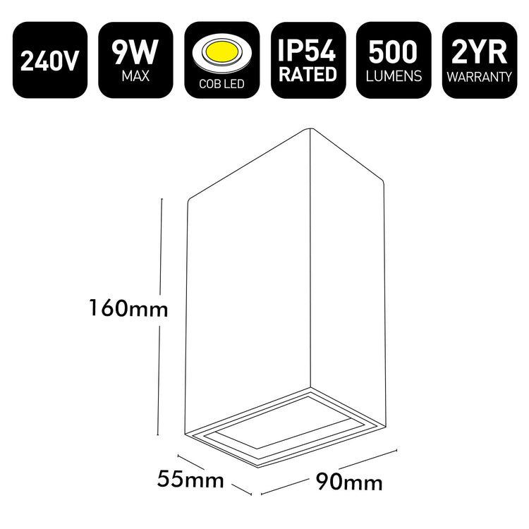 LED light fixture with specifications and dimensions on a white background