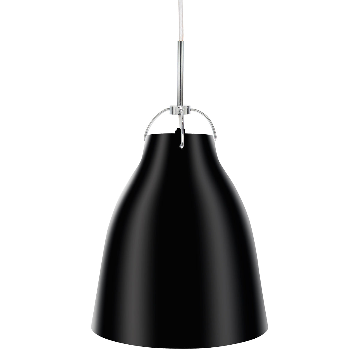 Black pendant light with a white background