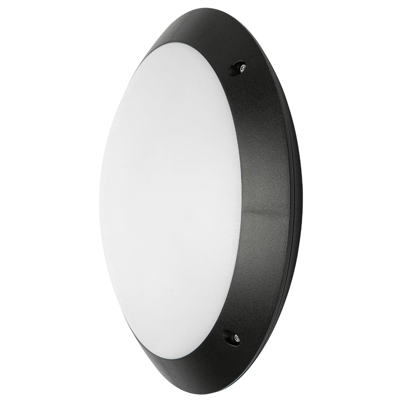 Round black wall light fixture on a white background