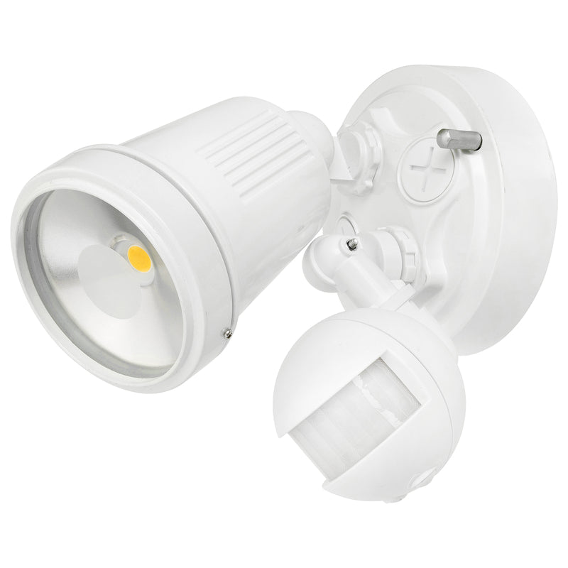 White outdoor security light with motion sensor on a white background