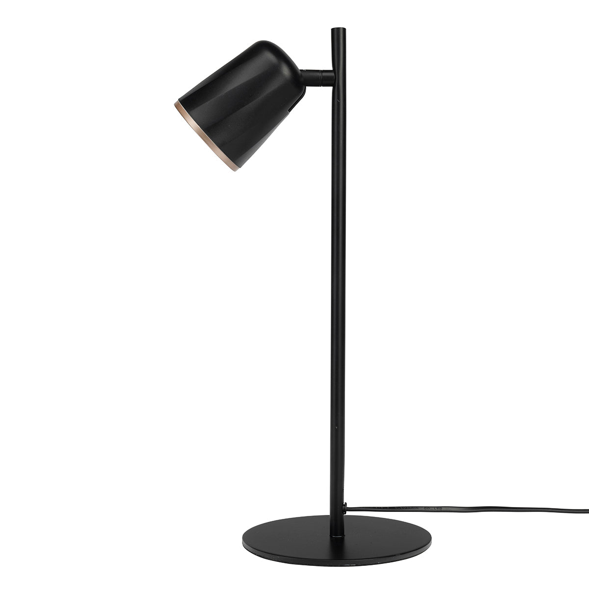 Black table lamp with adjustable head on a white background