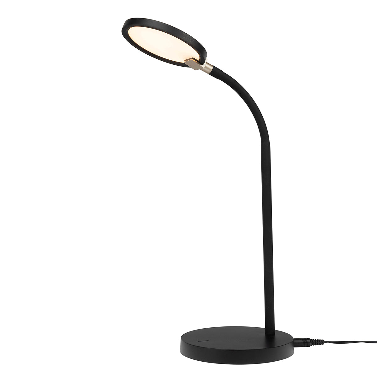Black LED desk lamp with a flexible neck on a white background