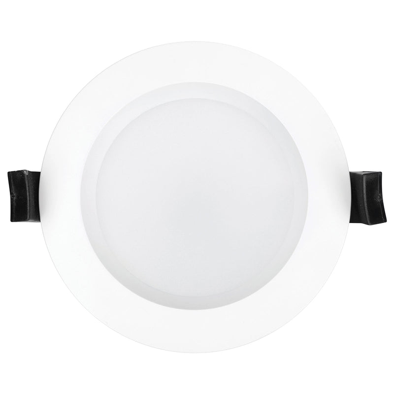 Round white light fixture with black trim on a white background