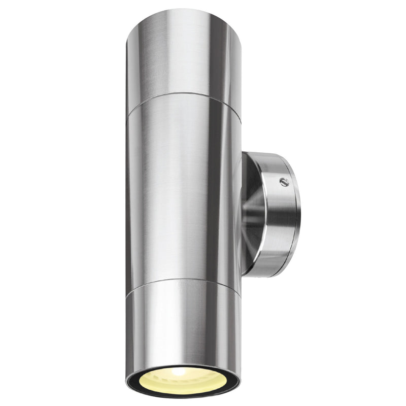 Chrome outdoor wall light fixture on a white background