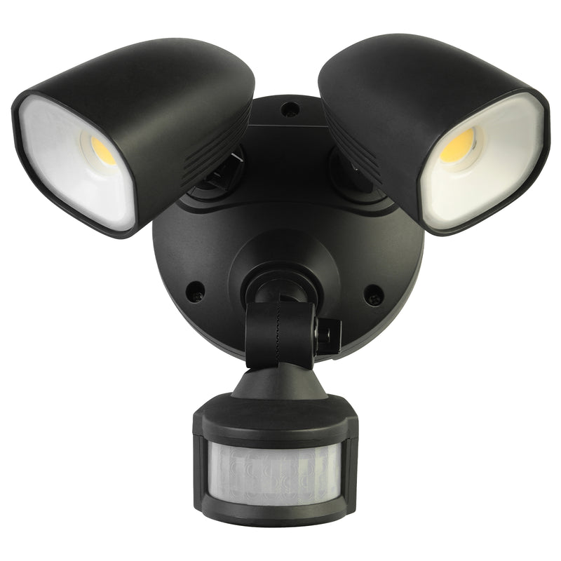Black outdoor security light with two floodlights and a motion sensor on a white background