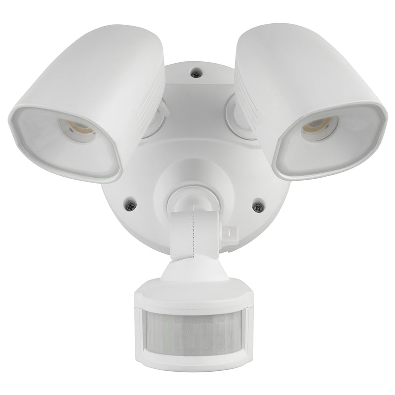 White outdoor security light with two floodlights and a motion sensor on a white background