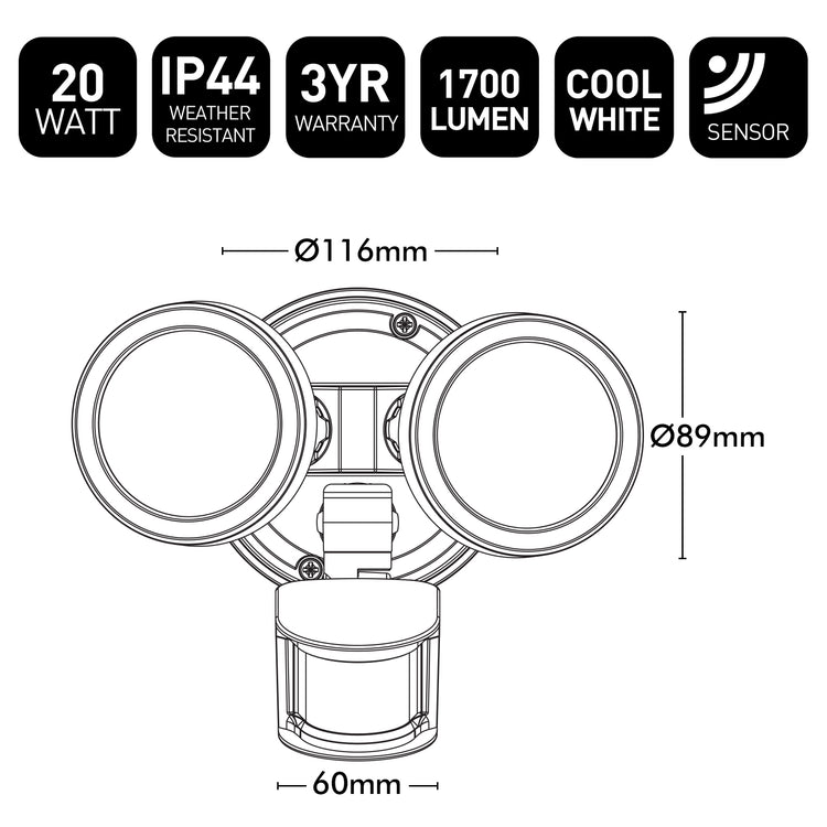 Technical drawing of a outdoor light fixture with specifications on a white background
