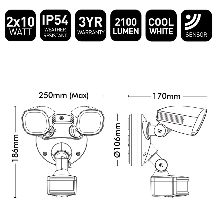 Technical specifications and dimensions of a LED light fixture on a white background