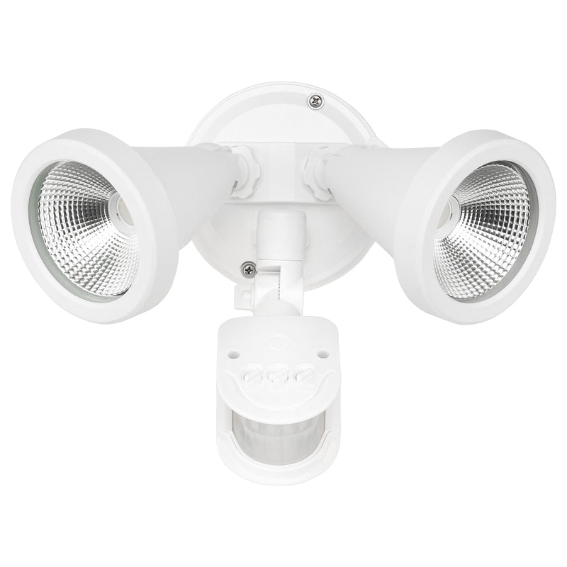 White outdoor floodlight with dual lamp design on a white background