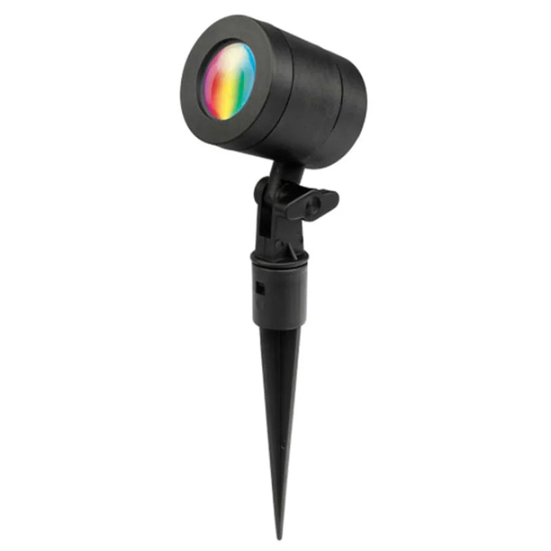 Black outdoor spotlight with rainbow light on a white background