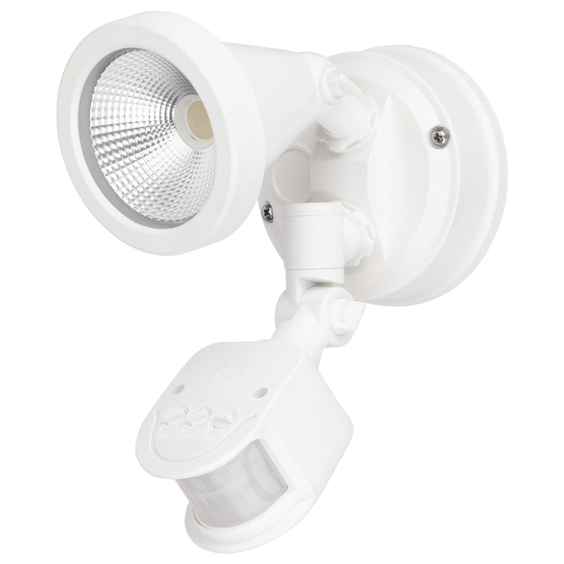 White outdoor security light with motion sensor on a white background