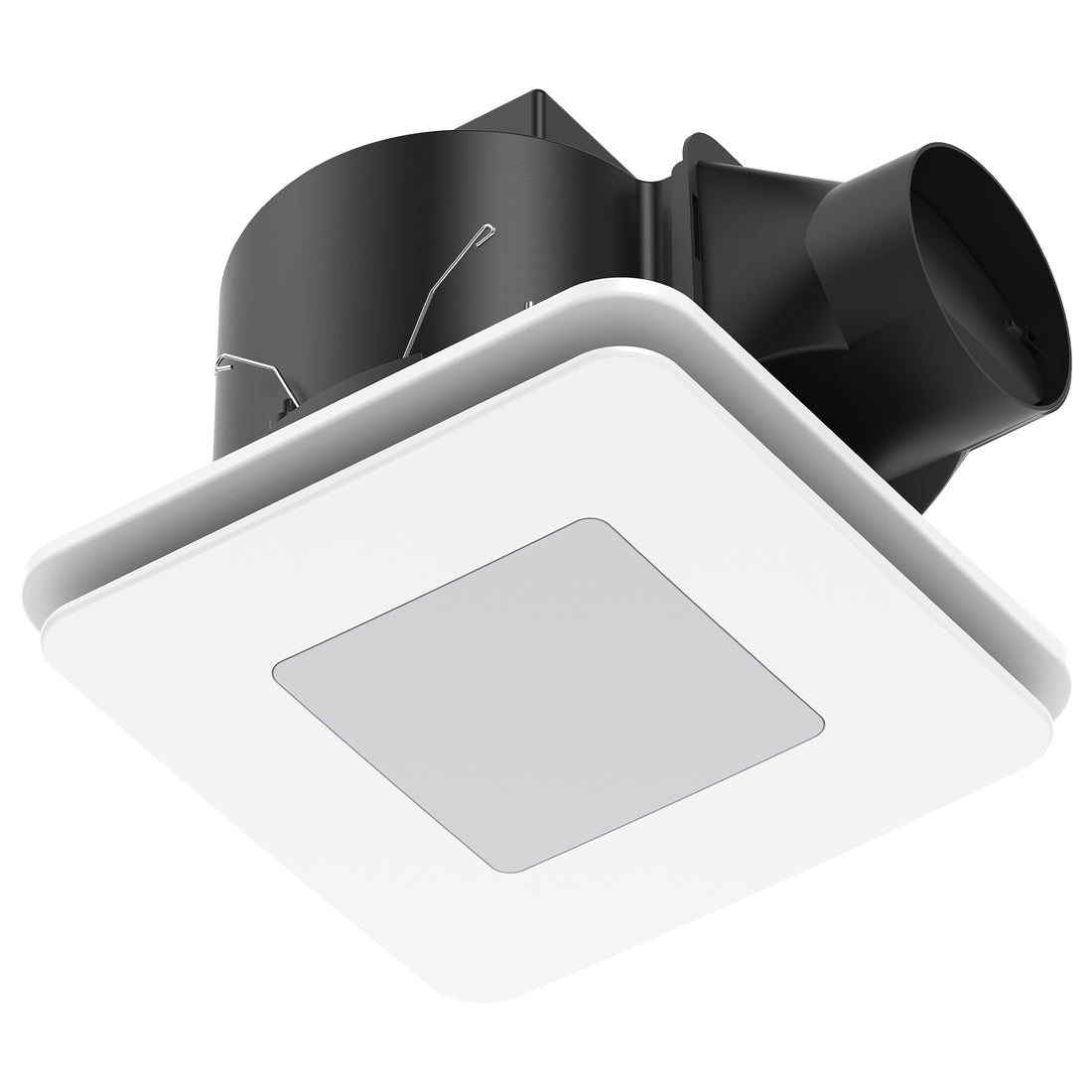 Ceiling-mounted exhaust fan with black ducting on a white background