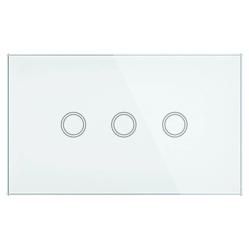 Rectangular glass panel with three circular cutouts on a white background
