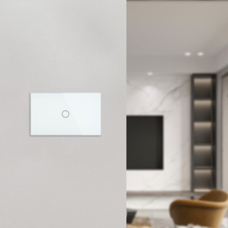 Modern light switch panel on a wall with a blurred living room in the background