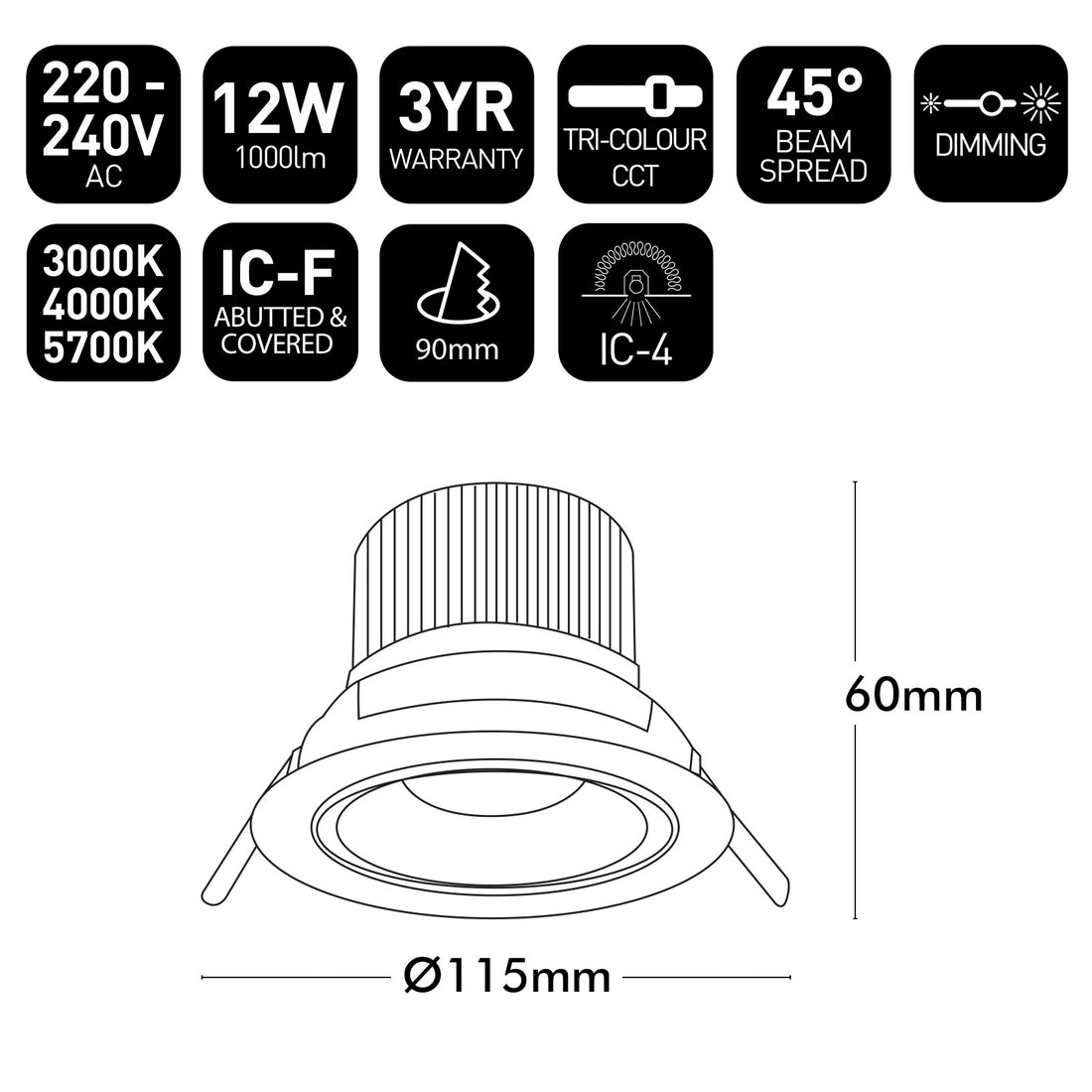 Technical specifications and dimensions of a LED downlight on a white background