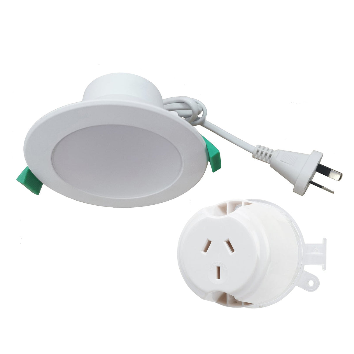White LED downlight with power cord and socket on a white background