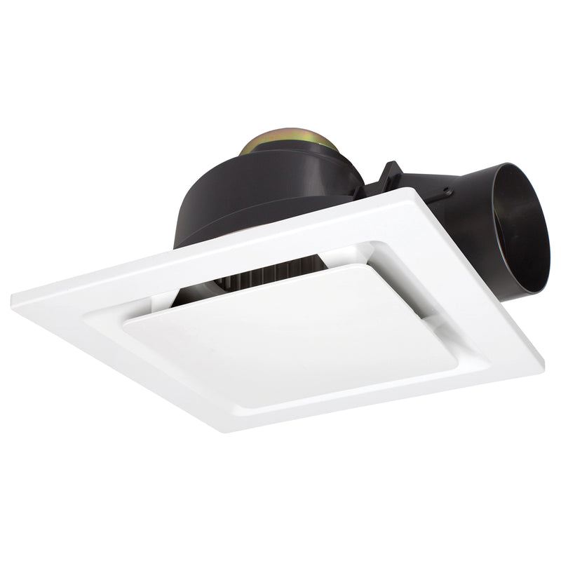 Ceiling-mounted exhaust fan with white housing and black ducts on a white background