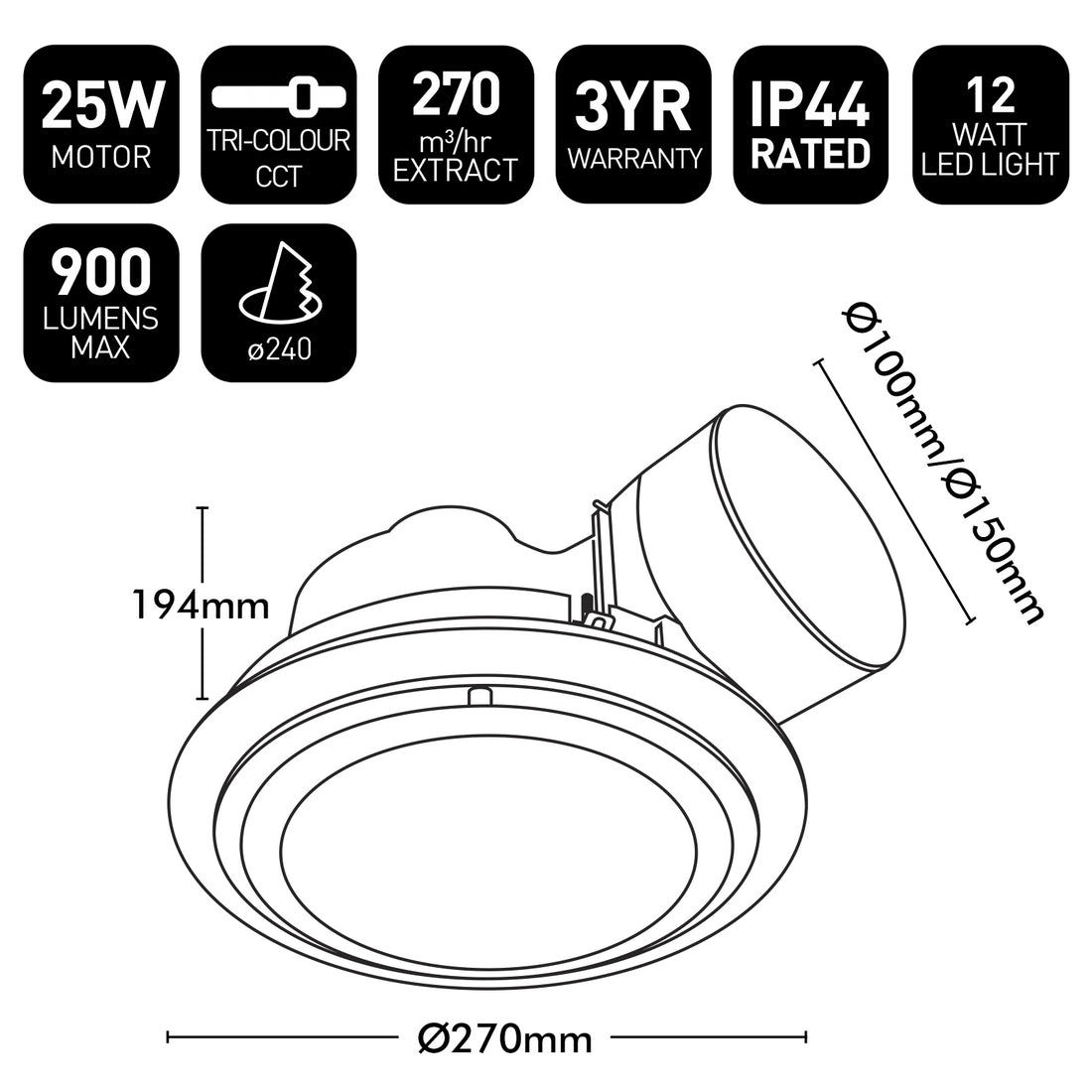 Technical specifications and dimensions of a LED light fixture on a white background