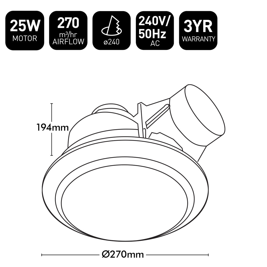 Technical diagram of a ceiling light fixture with specifications on a white background